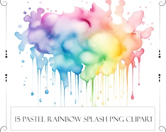 Akwarela Kolor Splash Clipart PNG Pastelowa Tęcza Splatter Clipart Komercyjne Wykorzystanie Natychmiastowe Pobieranie Junk Journal Scrapbooking Card Making