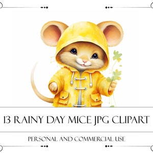 Souris aquarelle Clipart jour de pluie Clipart souris mignonne papier artisanat Junk Journal Scrapbooking haute qualité JPG téléchargement numérique utilisation commerciale