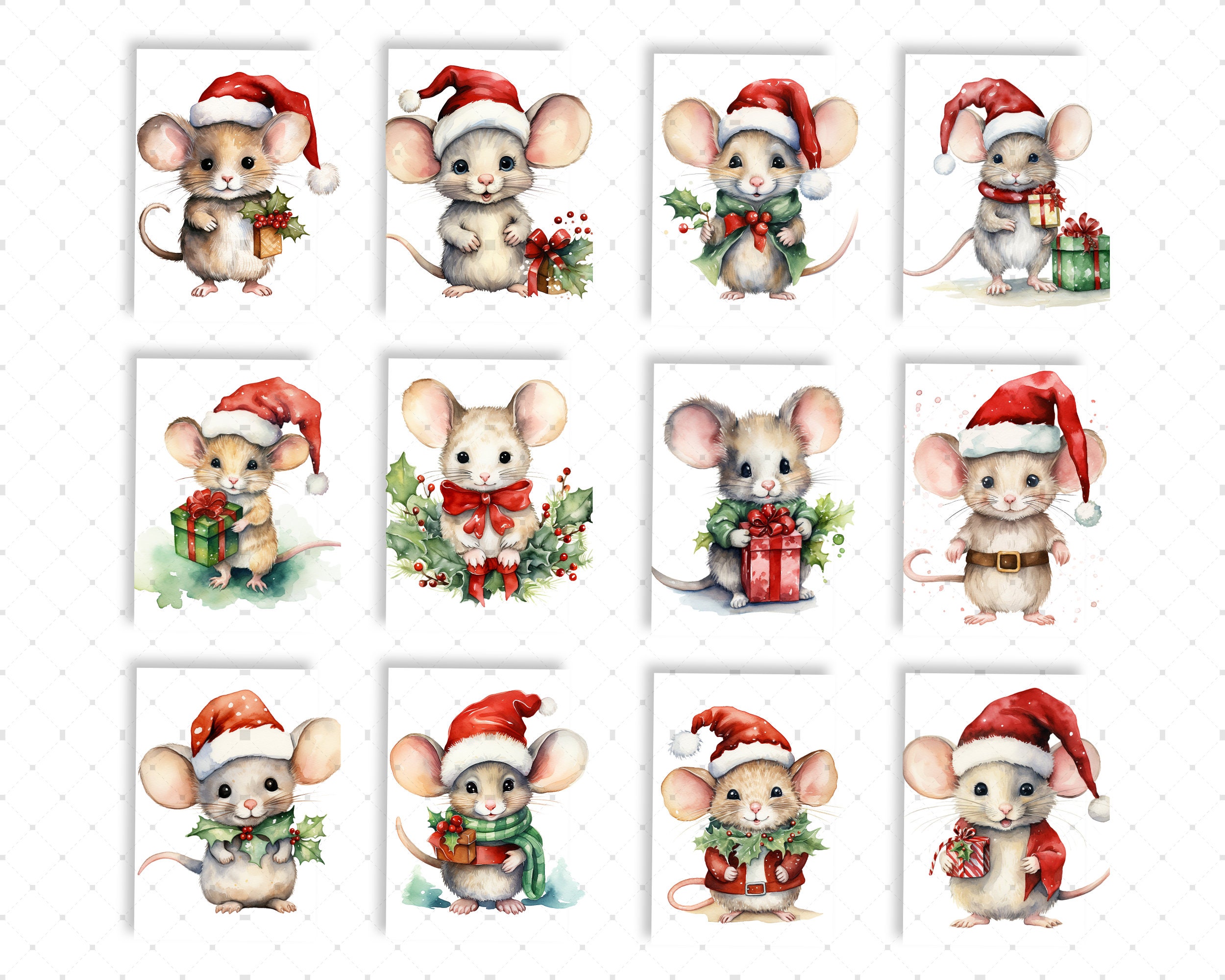 Christmas Mouse Clipart PNG Cute Christmas Mouse Watercolor Mouse