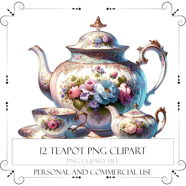 Vintage Floral Teapot Clipart Tea Time Art Flower Teapot Png Scrapbook Junk Journal Instant Download Commercial Use PNG