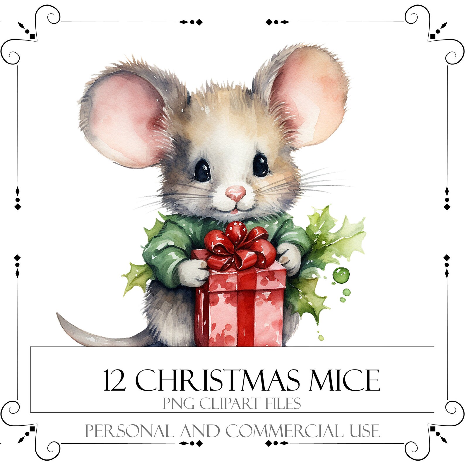 Christmas Mouse Clipart PNG Cute Christmas Mouse Watercolor Mouse