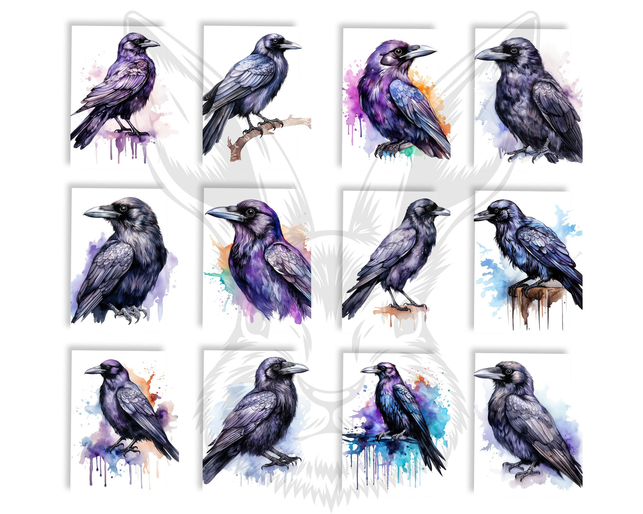 Raven Clip Raven Clipart Watercolor Raven Png Clip Art Mystical Ravens Halloween ...