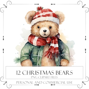 Christmas Teddy Bear Clipart Winter Watercolor Digital Planner Journaling Card Making Invitations Paper Craft Scrapbooking Crafts