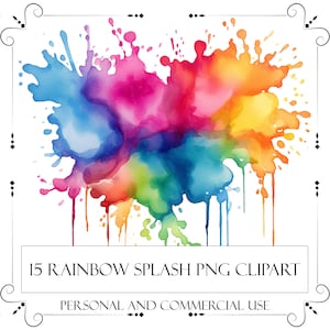 Acuarela Color Splash Clipart PNG Rainbow Splatter Clipart Uso Comercial Descarga Instantánea Junk Journal Scrapbooking Card Making