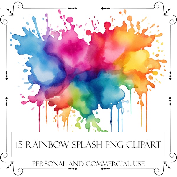 Watercolor Color Splash Clipart PNG Rainbow Splatter Clipart Commercial Use Instant Download Junk Journal Scrapbooking Card Making