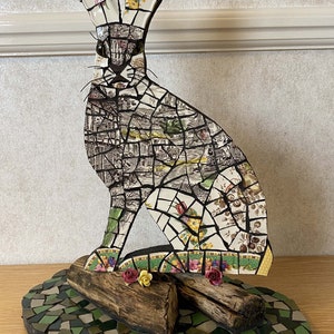 Hare mosaic using vintage crockery. For indoors or outdoors.