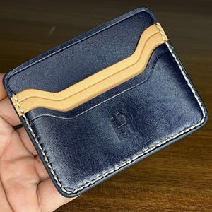 Marine-Blau Pflanzlich gegerbtes Leder Kartenhalter Vollnarbenleder Rindsleder Kleine Karte Brieftasche Patina natürliche Veg Tan EDC Papa Geschenk für Männer