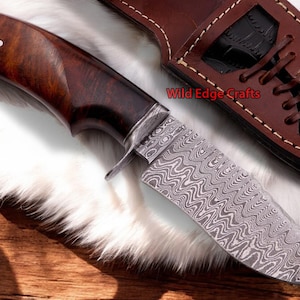 Handgefertigtes Kürschner Jagdmesser aus Damast-Stahl | Rosenholzgriff | Personalisiert | Weihnachten | Neujahr | Geburtstag bestes Geschenk für ihn, Vater