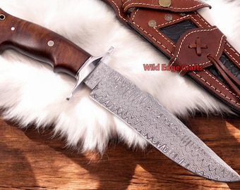 Handmade Damascus Steel Hunting Bowie Knife | Rose Wood Handle | Personalized | Christmas | New Year | Birthday Best Gift For Him, Son, Dad