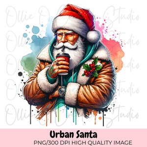 Retro Santa PNG: Urban Coffee Sipping Design (Digital Download)