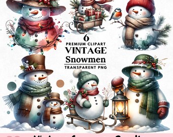 6 Vintage Christmas Snowman Clipart: Retro Watercolor PNGs (Digital Download)