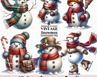 6 Snowman Clipart Bundle | Vintage Watercolor Christmas PNGs | Winter Holiday Digital Download | 300dpi
