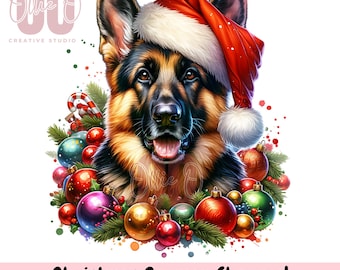 Christmas Dog, Christmas German Shepherd Clipart PNG, Xmas Dog Portrait, Digital Download, Dog Breed Sublimation Print Image.