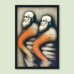 May include: A black and white illustration of two men with white beards and orange patterned arms. The men are drawn in a realistic style and appear to be embracing.