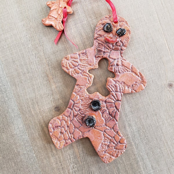 Ceramic Gingerbread Boy Ornament, Handcrafted, Christmas Ornament, Christmas, Glazed, Brown, Clay, Gingerbread Boy, Amana
