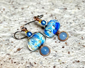 Handmade Lampwork Glass Bead Earrings, Niobium Ear Wires, Blue and White Beads with Gold flecks,  Headpin with Blue Agate, Gift for a Woman