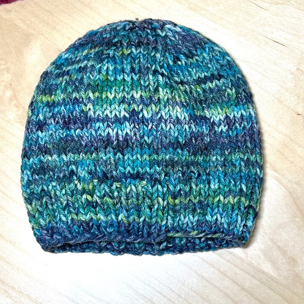 Adult Sized Hand-Knit Hat in Blues, Greens, and Turquoise; Thick, Soft and Warm Acrylic Yarn, Excellent Gift for a Guy or a Gal