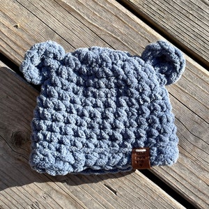 Muted-Blue Baby Bear Hat, Chenille Baby Hat, Cozy Baby Hat, Baby Ears, Hand Crocheted, Handmade, Baby Gift, Winter Baby Hat, Warm Baby Hat