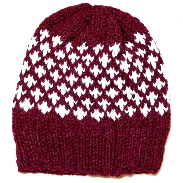 Adult Hand-Knit Burgundy and White Hat, Hand-Knit Beanie, Warm and Cozy, Great Gift for a Guy or a Girl