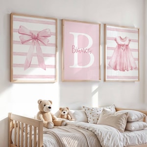 Coquette Room Decor | Watercolor Pink Bow Wall Art Set | Custom Name Sign | Personalized Baby Nursery Gift Digital Download | Watercolor Art