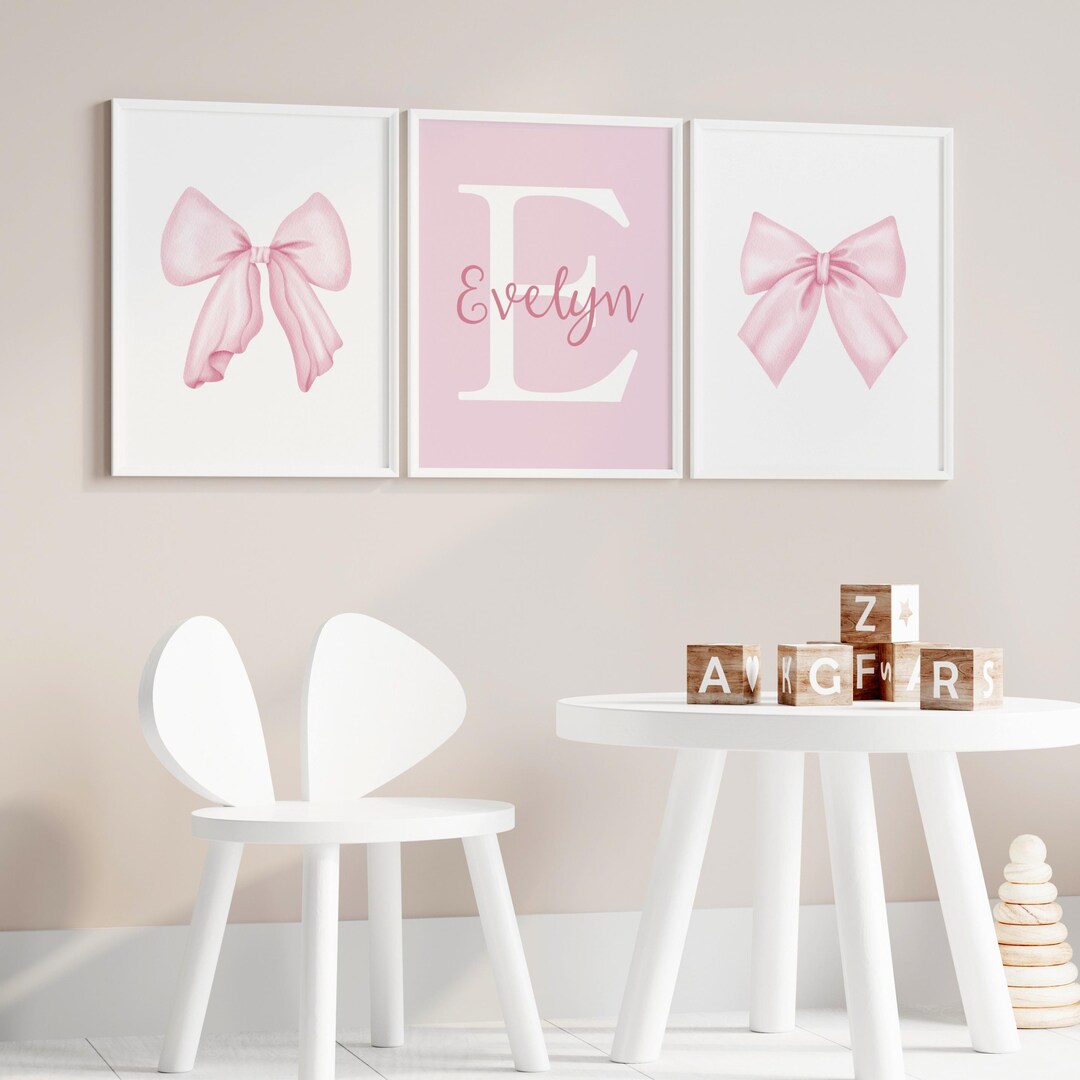 Watercolor Pink Bow Wall Art Set | Custom Name Sign for Girl Room Decor ...