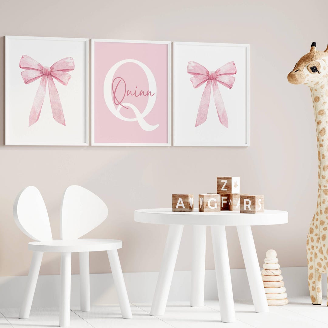 Watercolor Pink Bow Wall Art Set | Custom Name Sign for Girl Room Decor ...
