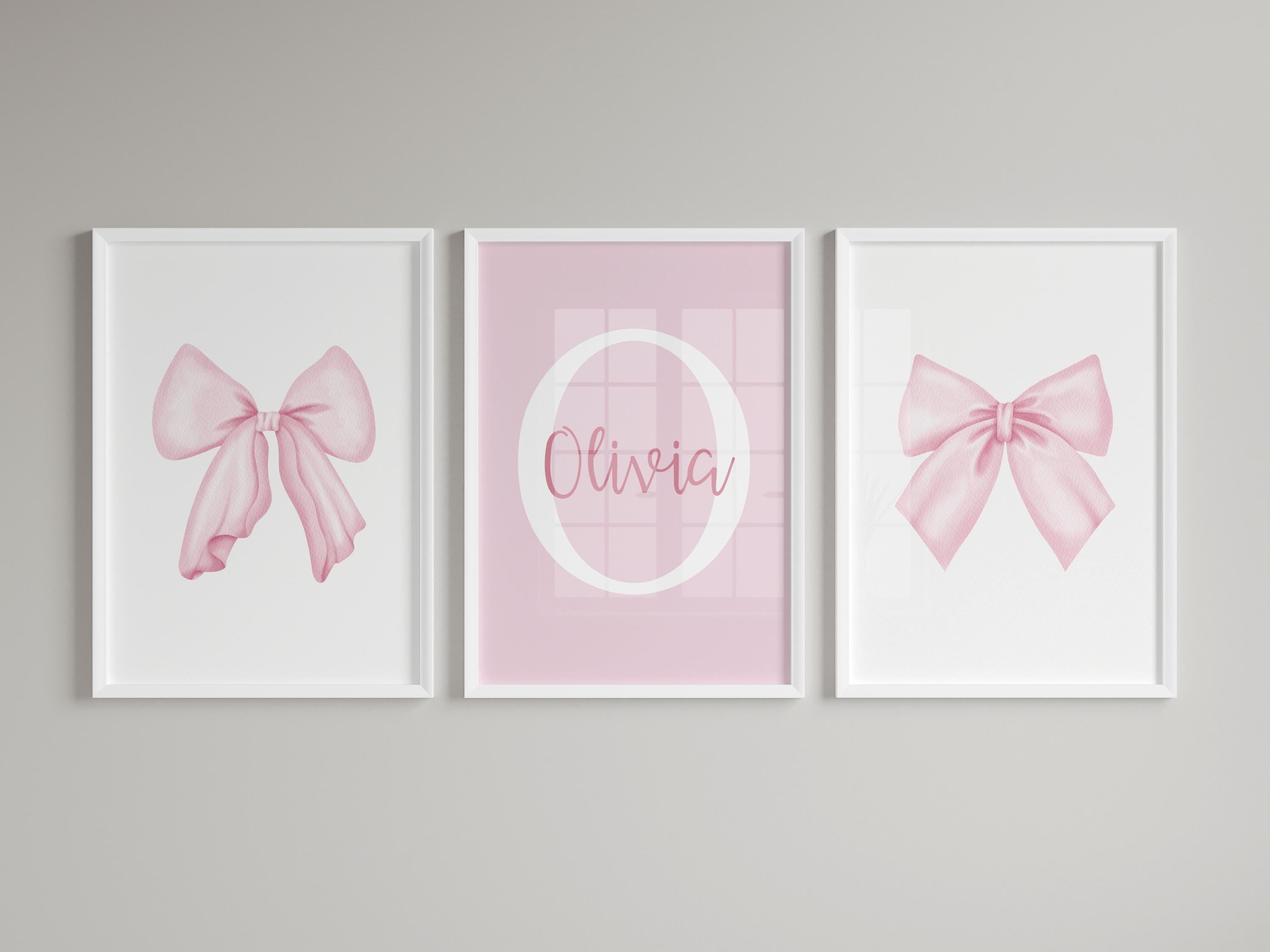 Watercolor Pink Bow Wall Art Set | Custom Name Sign for Girl Room Decor ...