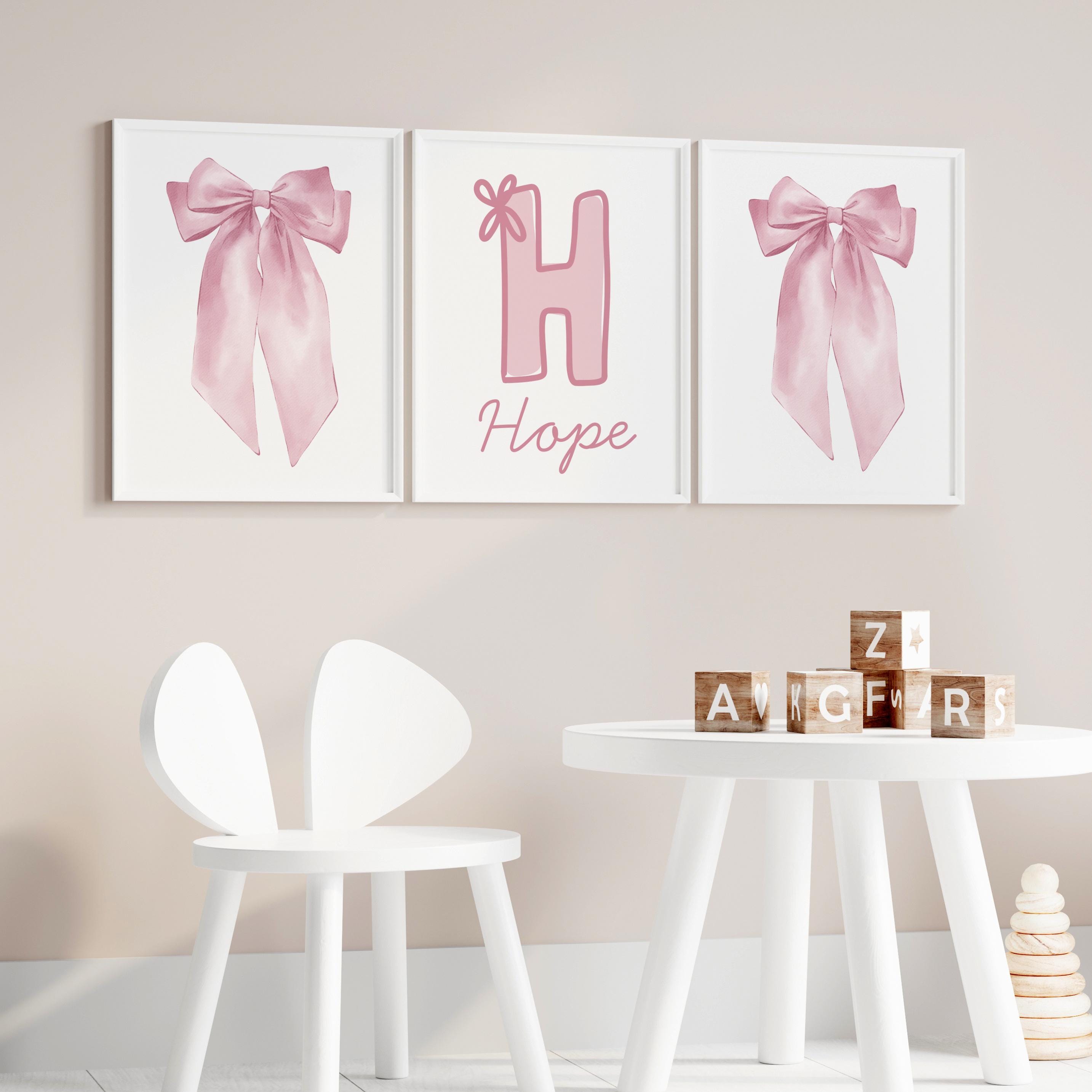 Watercolor Pink Bow Wall Art Set | Custom Name Sign for Girl Room Decor ...