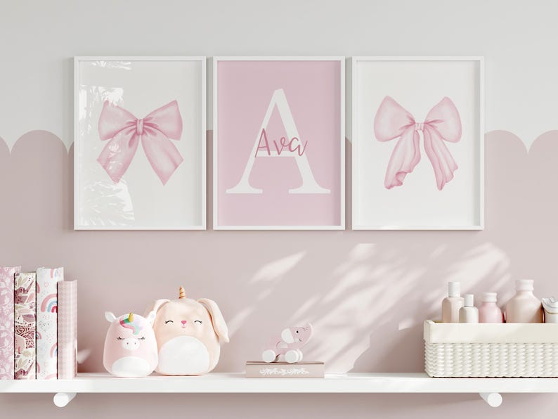 Watercolor Pink Bow Wall Art Set | Custom Name Sign for Girl Room Decor ...
