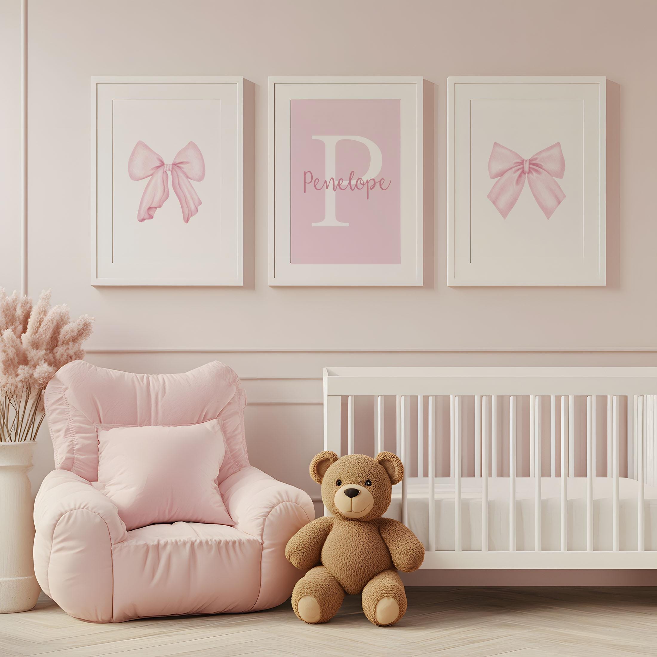 Watercolor Pink Bow Wall Art Set | Custom Name Sign for Girl Room Decor ...