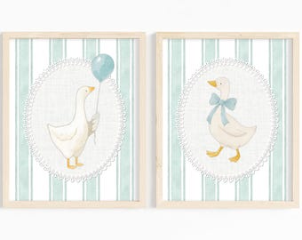 Vintage Silly Goose Nursery Prints | Nursery Decor Wall Art Set | Watercolor Goose Print Digital Download | Vintage Goose with Blue Balloon