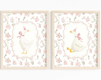 Láminas infantiles vintage de ganso rosa tonto / Decoración floral para habitación de niña / Descarga digital de impresión de ganso en acuarela / Lazo rosa de ganso coqueto