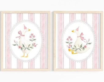 Láminas infantiles vintage de ganso rosa tonto / Decoración floral para habitación de niña / Descarga digital de impresión de ganso en acuarela / Lazo rosa de ganso coqueto