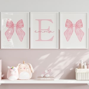 Watercolor Pink Bow Wall Art | Personalized Bow Print For Girly Decor | Custom Name | Baby Nursery Gift Digital Download | Watercolour Art