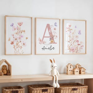 Láminas personalizadas de flores silvestres para guardería / Arte mural con nombre personalizado / Decoración para habitación de niña / Descarga digital floral bohemia / Arte en acuarela