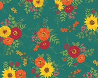 Autumn Afternoon Teal Main Fabric, Riley Blake Designs, Floral Yardage, Green Fabric, Quilt Backing, Yardage