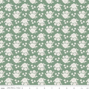 May include: A seamless fabric pattern featuring a repeating design of white floral bouquets on a sage green background.