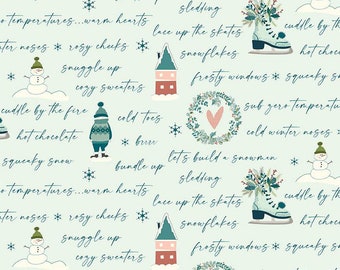 Arrival of Winter Text Mist Yardage, Christmas Fabric, Holiday Sewing Fabric, Riley Blake Designs, Sandy Gervais Fabric Collection