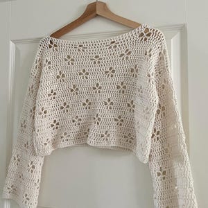 May include: Cream-colored, long-sleeved crochet top with a floral pattern. The top is hanging on a wooden hanger against a white door. The crochet design features openwork details, creating a delicate and airy look.