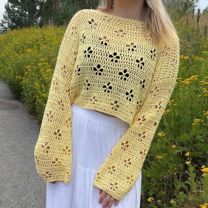 May include: A light yellow, long-sleeved crochet top with a floral pattern. The top has a cropped design and a boat neckline. The sleeves are long and fitted, and the crochet work is open, creating a delicate, airy look.
