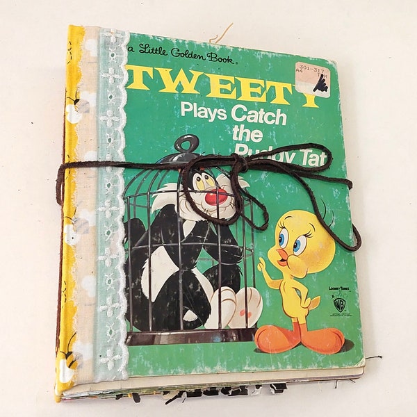 Tweety Plays Catch the Puddy Tat - handmade junk journal; smash book, glue book, upcycled, vintage, little golden book journal