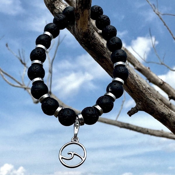 Oriskany Reef Lava stone with silver spacers wave charm beaded bracelet, boho bracelet, charm bracelet, surfer bracelet, ocean freak chic