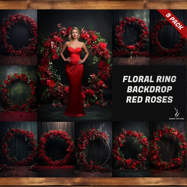 9 x Floral Ring Backdrop Red Roses Backdrop Overlays - Portrait Photo Overlays, Ring Overlays, Maternity Overlays, Photoshop Compatible