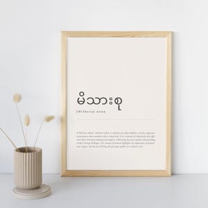 May include: A framed print with a white background and black text. The text includes the Burmese word for "family" in black script, the English translation "Mithasul", and a definition of the word in English. The frame is light wood.