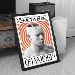 May include: Framed art print featuring a grayscale illustration of a person with an open head, with a pink and yellow spiral background. The text "MELODY'S ECHO CHAMBER" is at the top, and "CHAMBER" is at the bottom.