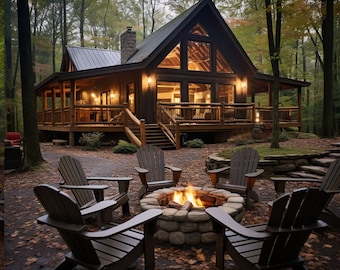 May include: A dark wood cabin with a metal roof and large windows sits in a forest. A stone fire pit with a bright orange fire is surrounded by five dark brown Adirondack chairs on a ground covered with fallen autumn leaves.