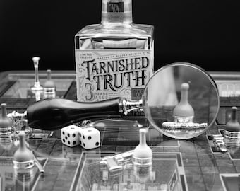 Tarnished Truth Whiskey Print: Clue Game Board, Black & White Photography