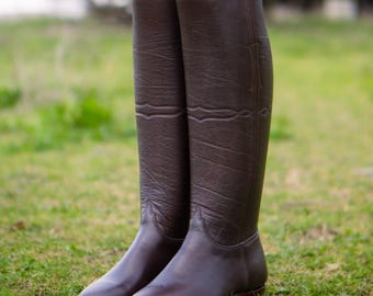 Ręcznie robione, ciemnobrązowe skórzane buty do jazdy konnej – niestandardowe wysokie buty jeździeckie