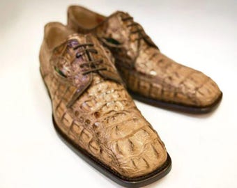 Genuine Crocodile Leather Derby Shoes for Men | Tan Exotic Lace Up Dress Shoes | Handmade Square Toe Formal Shoes