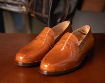 Handmade Tan Leather Penny Loafers for Men, Classic Slip Ons mens Dress Shoes, Full Grain Leather Loafers
